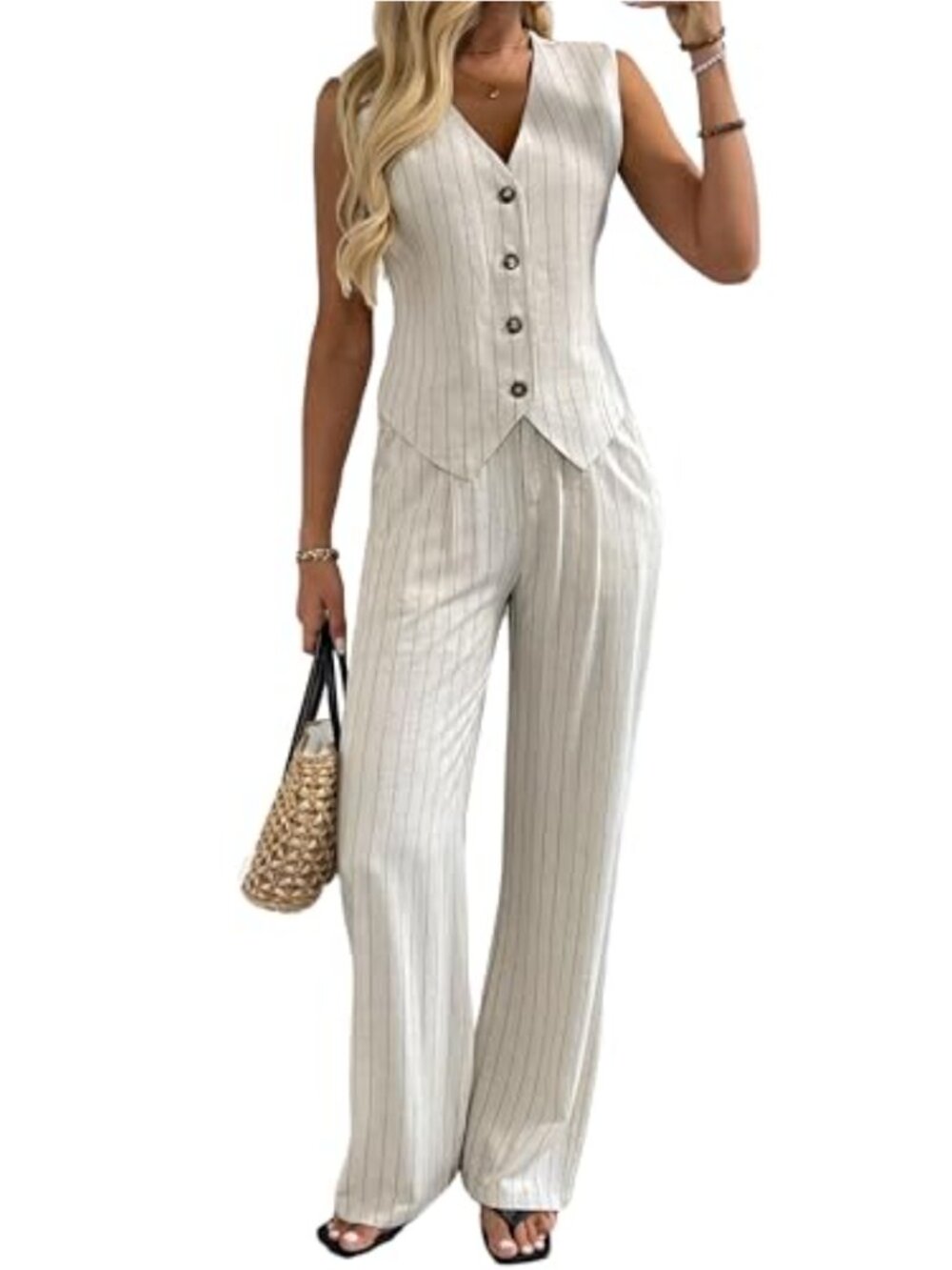 Women's 2 Piece Linen Blend Outfit: Vest Waistcoat & Wide Leg Pants Suit